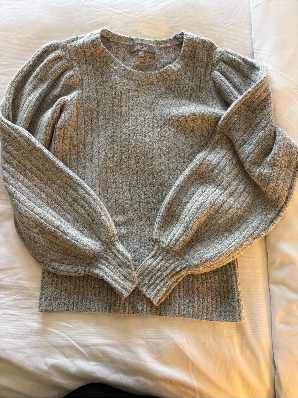 Marled Reunited Clothing Heather Gray Ribbed Puff-Sleeve Sweater S